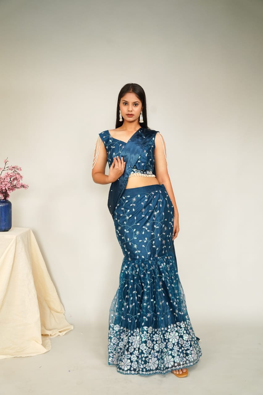 Navy Blue Embroidered Indo-Western Lehenga Saree Set – Designer Party & Wedding Wear | Riv Fashions