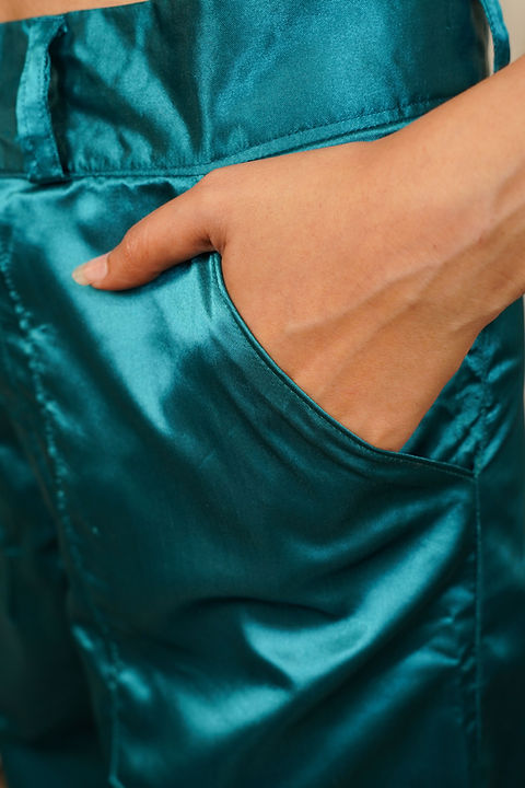 Teal Satin Wide-Leg Pants with White Cropped Jacket & Corset Top | Miss Ishvi – Riv Fashions