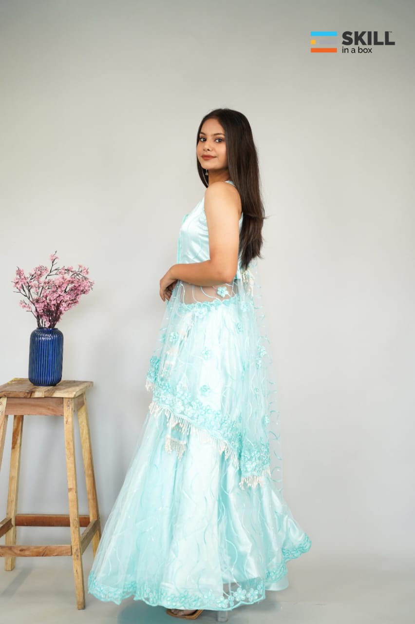 Aqua Blue Embroidered Indo-Western Lehenga Set with Net Dupatta – Party & Wedding Wear | Riv Fashions