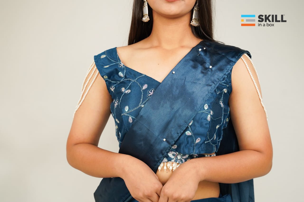 Navy Blue Embroidered Indo-Western Lehenga Saree Set – Designer Party & Wedding Wear | Riv Fashions
