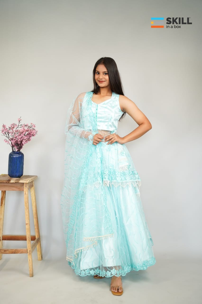 Aqua Blue Embroidered Indo-Western Lehenga Set with Net Dupatta – Party & Wedding Wear | Riv Fashions