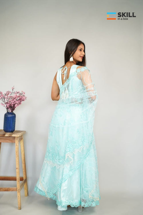 Aqua Blue Embroidered Indo-Western Lehenga Set with Net Dupatta – Party & Wedding Wear | Riv Fashions