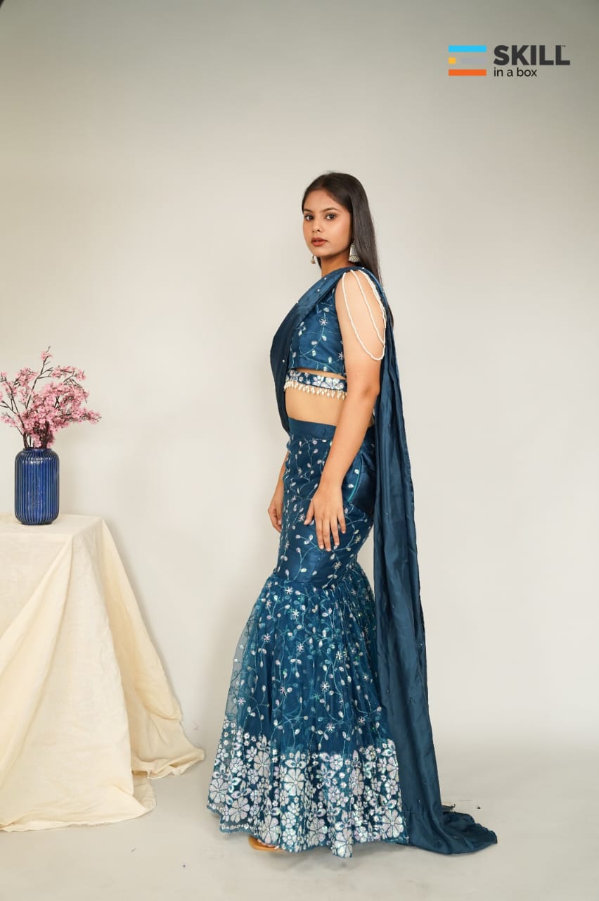 Navy Blue Embroidered Indo-Western Lehenga Saree Set – Designer Party & Wedding Wear | Riv Fashions