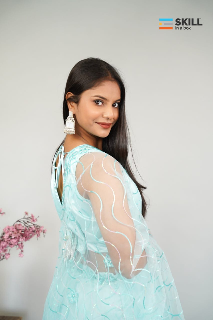 Aqua Blue Embroidered Indo-Western Lehenga Set with Net Dupatta – Party & Wedding Wear | Riv Fashions