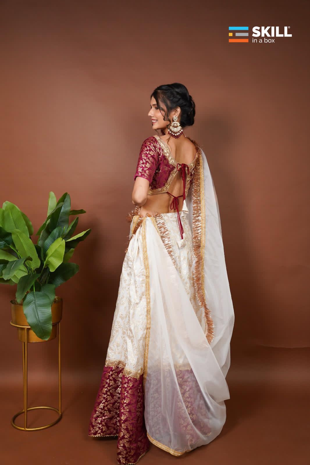 Riv Fashions | Preeti Style House Ivory & Maroon Banarasi Silk Lehenga Set with Organza Dupatta ✨ Wedding & Festive Wear
