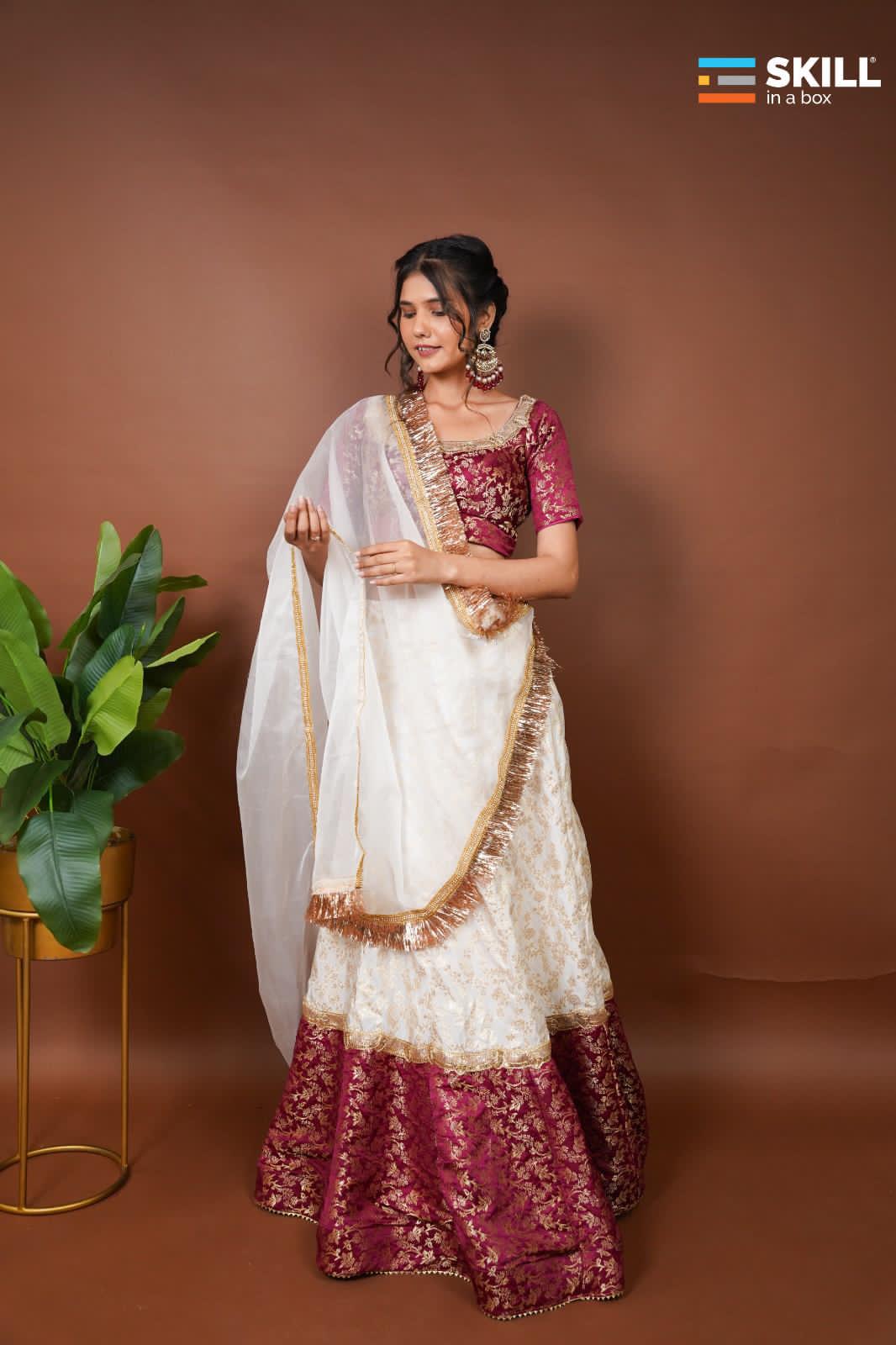 Riv Fashions | Preeti Style House Ivory & Maroon Banarasi Silk Lehenga Set with Organza Dupatta ✨ Wedding & Festive Wear